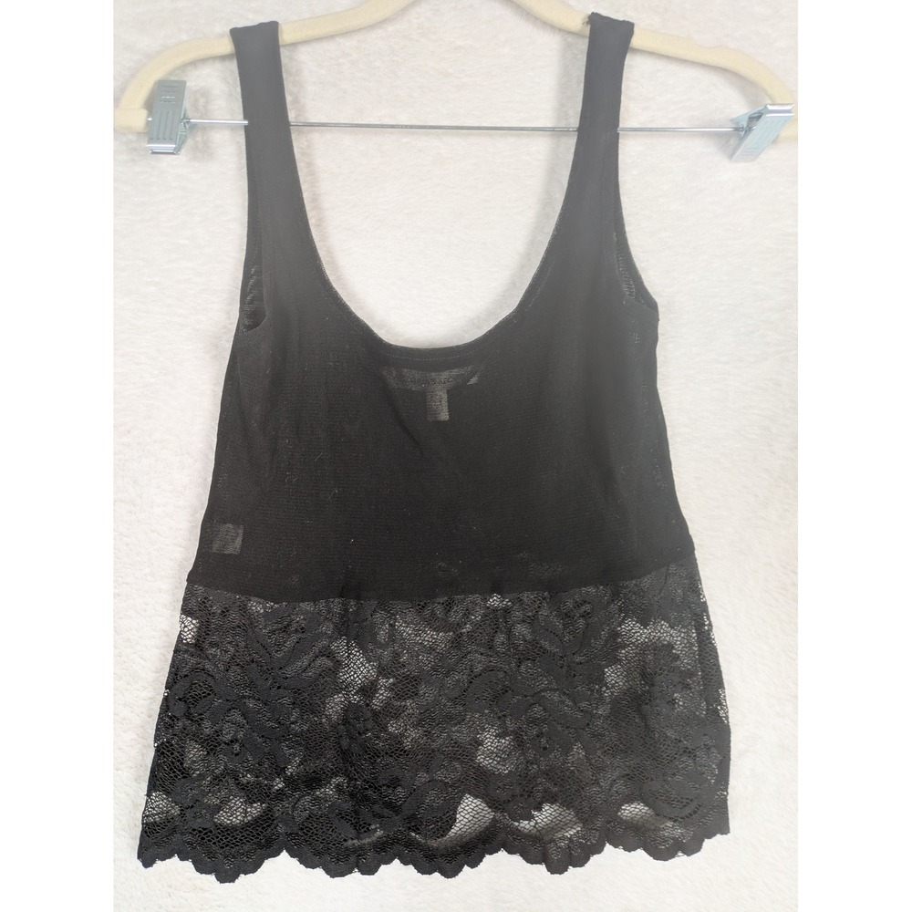 Victoria's Secret Tank Top Women's S Black Sheer Mesh Lace Hem Scoop Neck